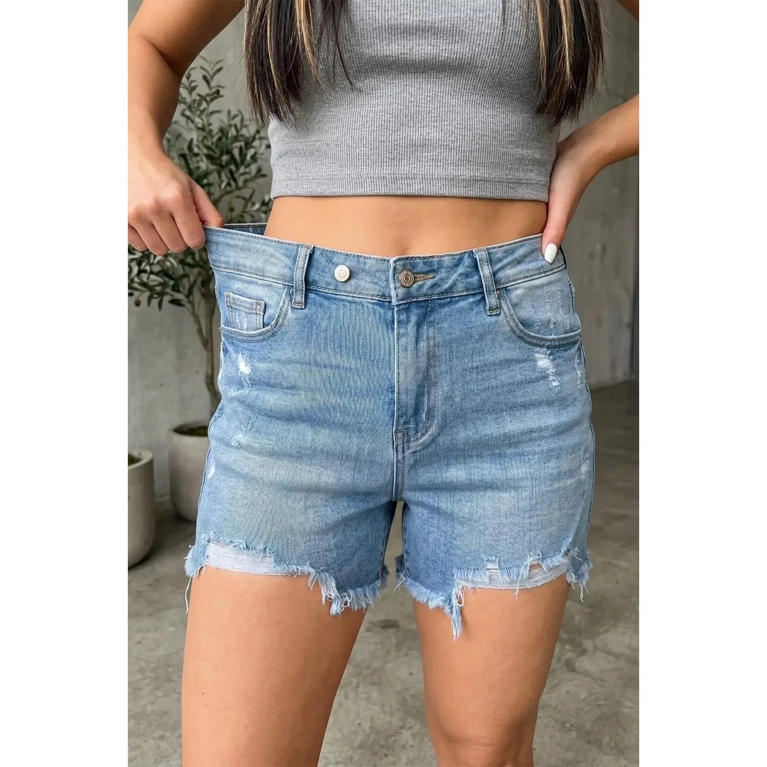 Asymmetric Raw Hem Distressed Whiskery Denim Shorts