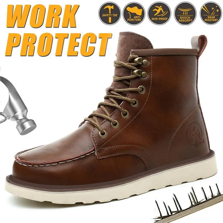 Men's Workwear - style Steel - toe Sports Non - slip Work Shoes, High - top Leather Safety Boots, with Anti - smashing, Anti - piercing, Shock - absor