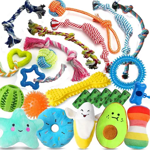 25-Pack Luxury Dog Chew/Bone Toy Variety Set - Geometric Rope Attachments, Fruit Treat Ball, Squeaky Pieces, Ethylene Vinyl Acetate for Teething Puppies, Small Dogs