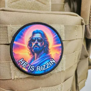 He is rizzin Jesus 80s Christian meme 3" circle morale patch with hook and loop backing