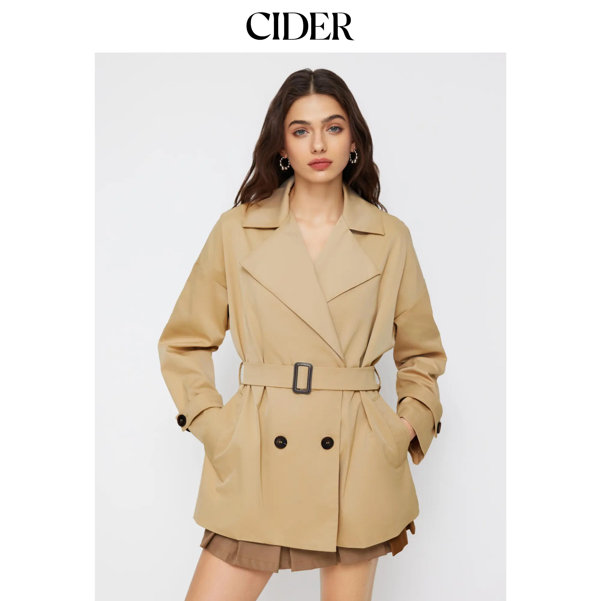 Cider Women's Double Breasted Oversized Trench Coat, Long Sleeve Collared Belted Outerwear Jacket, Tops, Jackets, Basic, No
