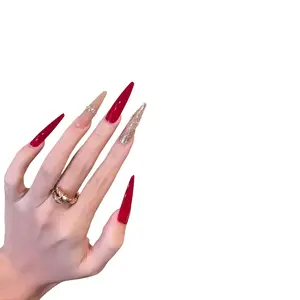 Handcrafted Press-On Nails: "Serpent's Head" - Sophisticated nude base with full zircon embellishment [deep red, long and slender stiletto shape]