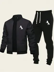 Men’s two-piece casual set featuring a baseball-collar zip jacket and drawstring sweatpants, minimalist trendy design with a galloping horse print, suitable for sports and everyday wear