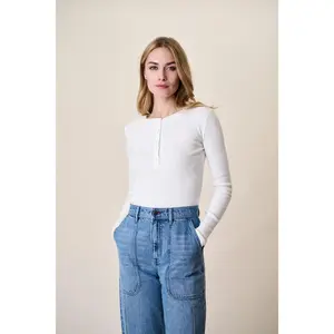 Pointelle Long Sleeve Henley - White