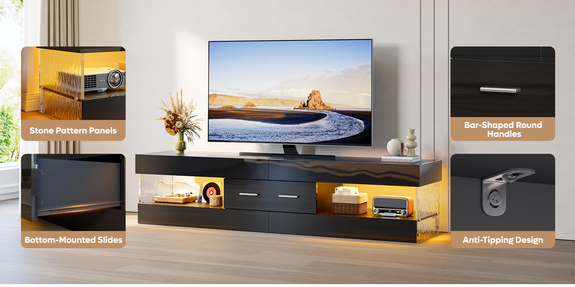 Bestier High Gloss LED TV Stand (67/70in) - Furniture with Storage Drawer, Modern RGB Media Console, Water Ripple Acrylic Side Panels, Remote Color-Changing Lights, Fits Up to 75in TV for Living Room, Apartment & Gaming Room Supplies, Room Decor, House Fu