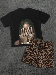 Two-Piece Set Men's Letter Print Short Sleeve Round Neck Knit Tee & Leopard Print Shorts, Loose Crew Neck T-shirt & Shorts, Casual Summer Clothes Set Outfit for Men, Menswear