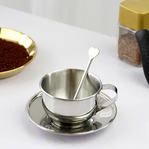 Stainless Steel Coffee Cup Set with Spoon and Saucer, European Style Espresso Cup, Cappuccino Cup, Suitable for Latte, Milk, Tea, Silver Color, Coffee Drinking Set