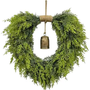 20" Heart-Shaped Wreath for Front Door Faux Greenery with Rustic Bell Waterproof & Fade-Resistant Christmas Decor for Porch Holiday Wall or Indoor Use