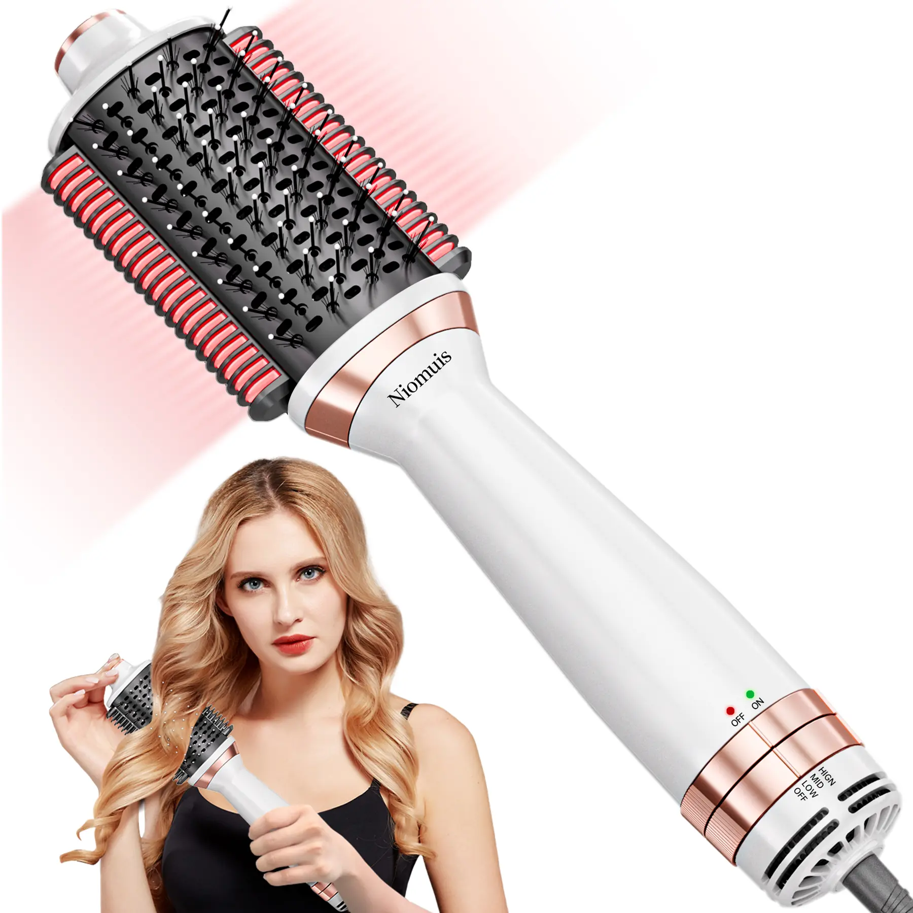 Niomius 4-in-1 Blow Dryer Brush with Dual Heating Plates, Faster Straightening & Styling, Hot Air Brush for Blowout, Curl & Smooth, For All Hair Types,Quick-dry