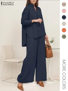 Two-piece Set Women's Solid Color Top & Wide Leg Pants, Casual Long Sleeve Top & Pocket Trousers for Work Office Business, Ladies Spring & Fall Clothes, Fashion Pants Set, Casual Outfits Women, Womenswear, Matching Clothing Set