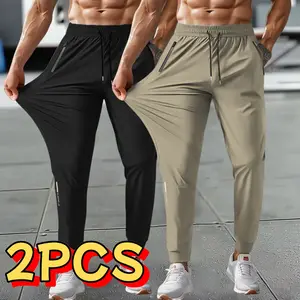 2PCS Men's Summer Ankle Sports Pants, High Stretch Fiber, Nylon 80%Spandex20%, Reflective Stripe Design At The Hem Of Pants Solid Color Breathable Fabric, Regular Fit WithZipperPockets, Breathable ComfortableRunningTraining LongTrousers