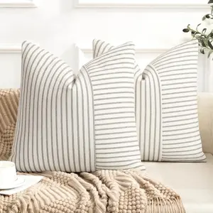 2PCS Farmhouse Pillow Covers 18x18, Modern Accent Square Throw Pillow Covers,  Striped Patchwork Linen Decorative Pillows Cushion Covers for Couch Chair Bedroom Home Decor