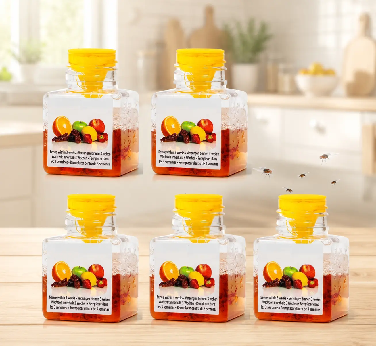 5 Pack Fruit Fly Traps for Indoors, Highly Effective Fruit Fly Catcher for Indoor Use for Home & Kitchen, Up to 3 Weeks of Performance per Bottle, Kid & Pet Friendly