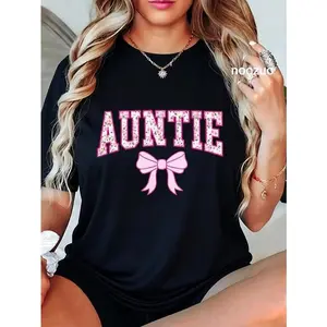 100%25 Cotton Unisex Auntie Coquette Bow Retro Pink Aesthetic Mother's Day Aunt T-Shirt Casual Top