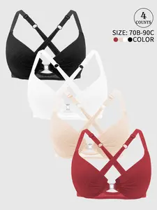 4/6 Pack/6 colors Solid Color Cross Strap Shaping Bra, Front-Opening Button, Beautiful Back, Adjustable Straps, High Support with Underwire, Three-Quarter Cup, Breathable, Skin-Friendly, Comfortable Fit, Everyday Casual Women's Underwear, Underwire Bras
