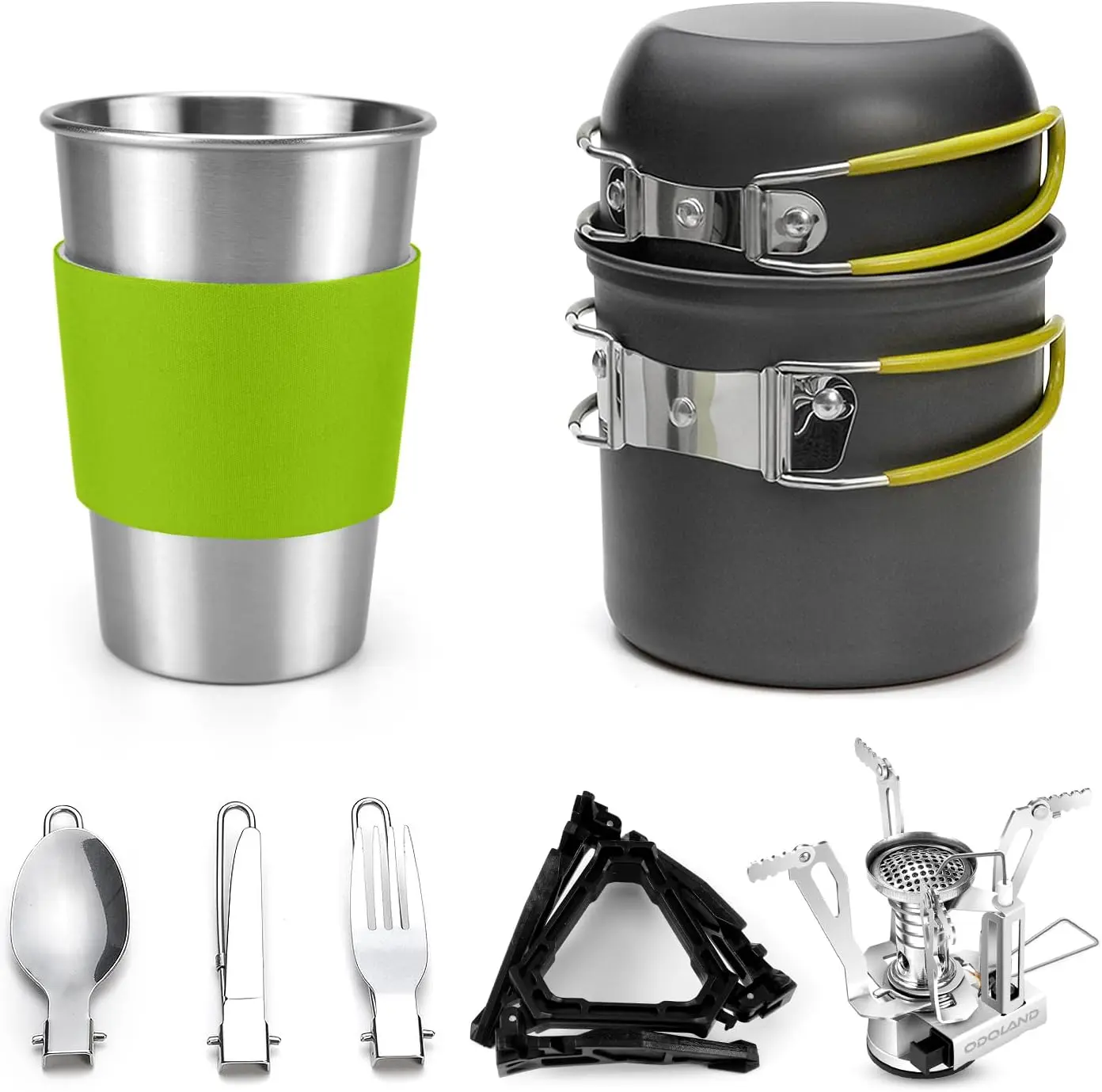 Camping Cookware Stove Set with 1.2L/0.6L Pots and Protable Stove |   Stainless Steel Cup, Tank Bracket, Carabiner, Canister Stand Tripod, Fork Spoon Knive Kit for Backpacking Hiking Picnic