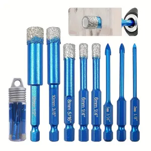 Diamond Core Drill Bits Set 8pcs Tile Hole Saws Vacuum Brazed Hole Saw with five Hex Shank and three triangular drills Hardware Tool Box