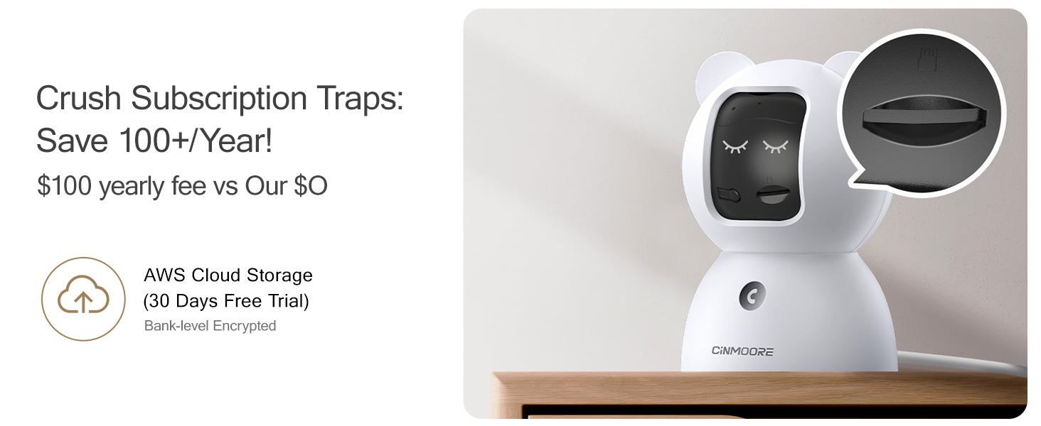 CINMOORE 2.5K Pet/Baby Indoor Security Camera, No Subscription, Person & Pet Detection, PTZ WiFi Baby & Pet Monitor, Full Duplex Two-Way Audio, Color Night Vision, SD Card Local Storage