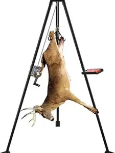 YITAMOTOR 600lbs Tripod Game Hoist Deer Hanger, 3 Point Design Deer Hunting Skinning Rack, Complete Deer Tripod Hoist Kit with Gambrel & Manual Winch & Working Table for Hunting Season