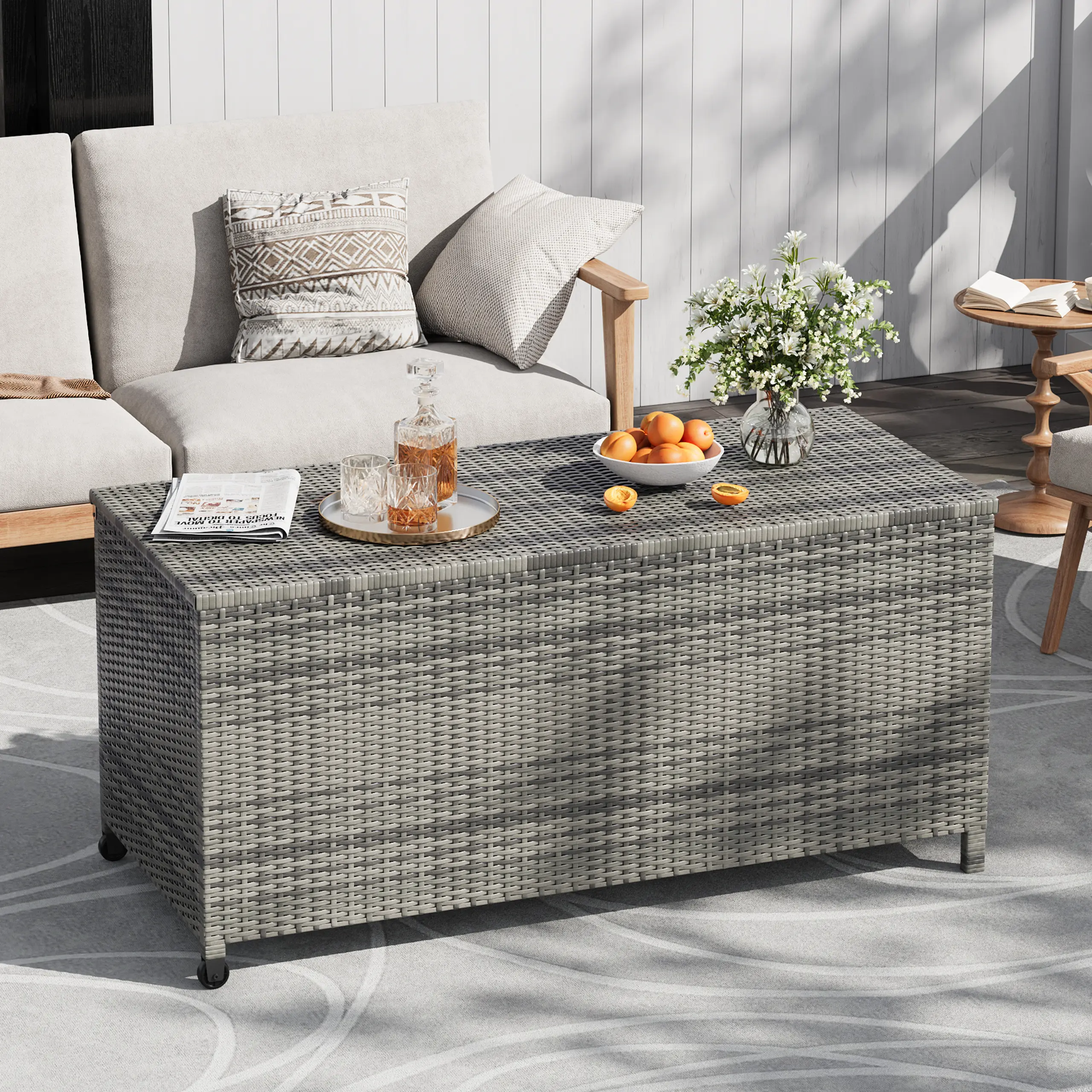 80 Gallon Outdoor Deck Box with Waterproof Liner, PE Rattan Wicker Storage Chest for Patio Cushions and Pool Toys, Large All-Weather Yard Tool Organizer, Grey