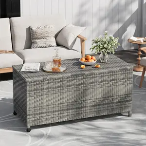 80 Gallon Outdoor Deck Box with Waterproof Liner, PE Rattan Wicker Storage Chest for Patio Cushions and Pool Toys, Large All-Weather Yard Tool Organizer, Grey