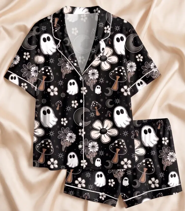 Sleepwear, Premium Satin Halloween PJs, Cute Witchy Loungewear, Women's Summer Shorts Set
