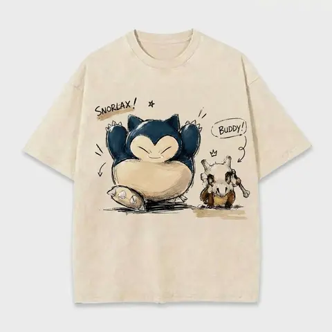 Men's Japanese Unisex Snorlax & Cubone Buddy Anime Art Graphic Crewneck Short-Sleeve Tee, Vintage Washed Grunge Streetwear Loose-Fit Male Clothing, All-Season Shirts Graphic Tees