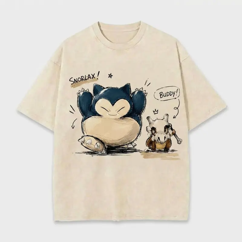 Men's Japanese Unisex Snorlax & Cubone Buddy Anime Art Graphic Crewneck Short-Sleeve Tee, Vintage Washed Grunge Streetwear Loose-Fit Male Clothing, All-Season Shirts Graphic Tees