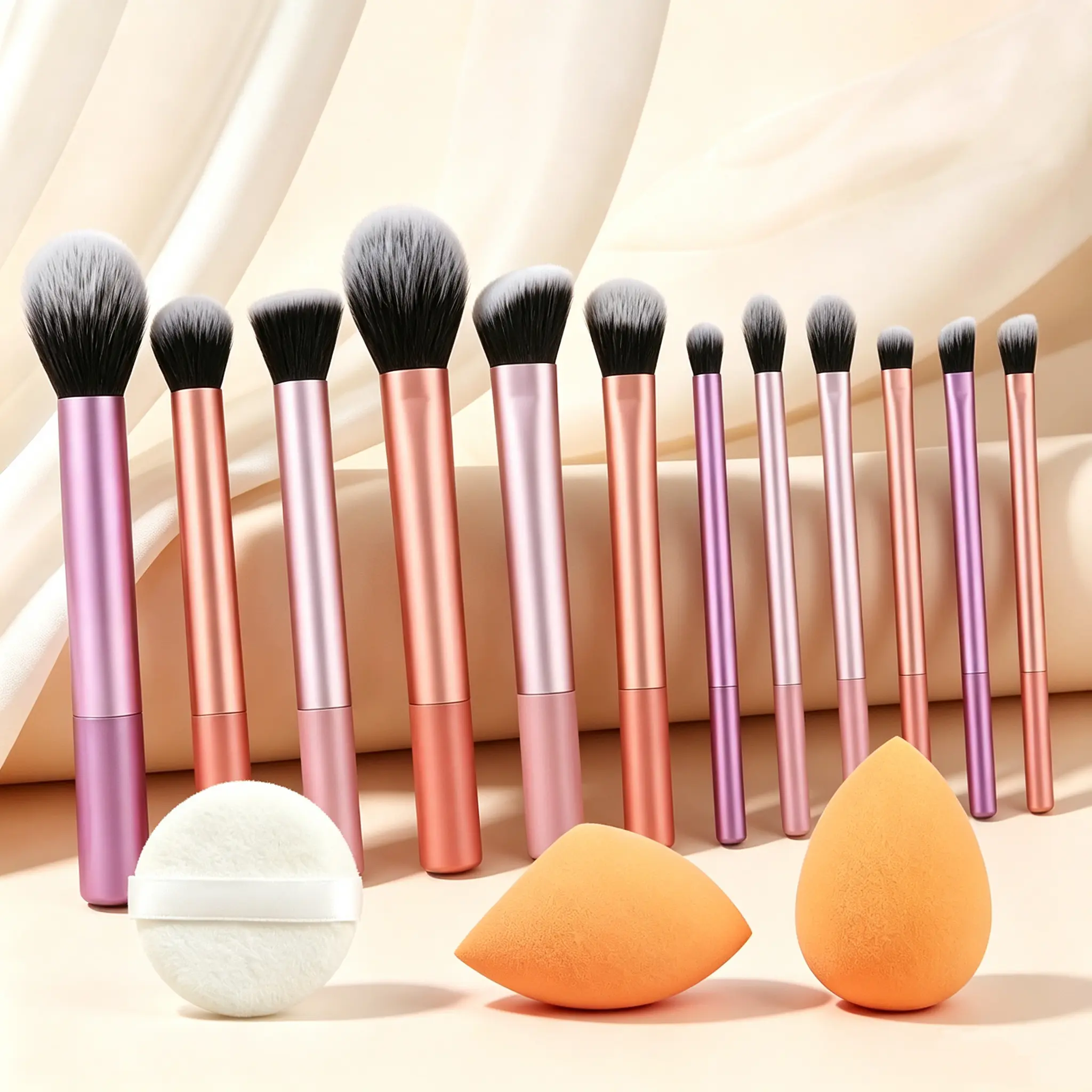 15PCS Makeup Brush Set Multicolor - 12 Brushes, 2 Blending Sponges & 1 Powder Puff for Face and Eye Makeup, Foundation Blending, Contour, Blush, Eyeshadow - Beginner Friendly, Portable Kit