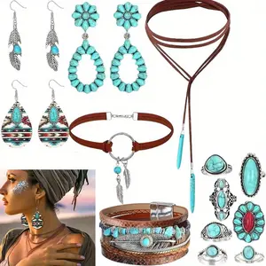 13 Pcs Western Bohemian Jewelry Set Turquoise Magnetic Buckle Bracelet Leather Necklace Fashionable Earrings Tassel Earrings Carved Feather Ring Fashion Accessories