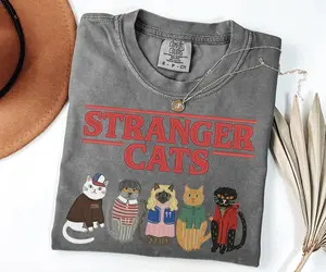 [Sale Up To 50%] Comfort Colors Stranger Cats Shirt, Funny 80s Cat Graphic Tee, Retro Parody Gift For Stranger Things Fans, Vintage Pop Culture Shirt