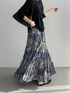 French Romantic Blue Ditsy Floral Chiffon Skirt, Summer New Elastic High Waist Boho Long Dress, Elegant Loose Fit for Daily Wear and Parties