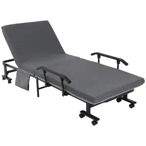 Rollaway Bed, Folding Bed with 3.25" Mattress, Portable Foldable Guest Bed with Adjustable Backrest, and Metal Frame on Wheels