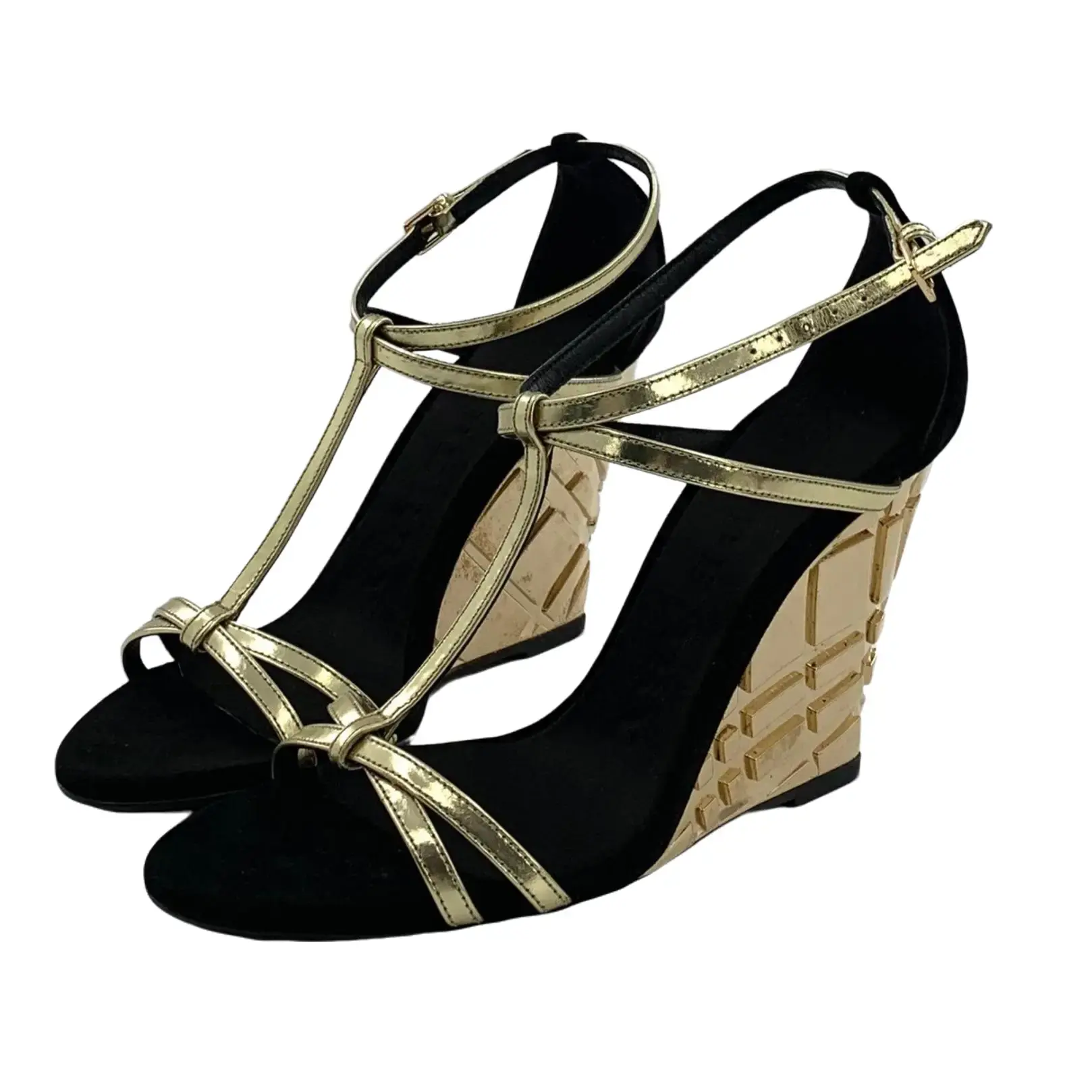 RDLT-Burberry Size 36.5 Gold Crisscross Strap Wedge Sandals with Buckle-H37452