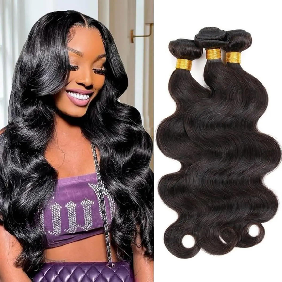 Body Wave Bundles Human Hair 12-30 Inch Unprocessed Brazilian Virgin | 3 Bundles Human Hair Extensions for Black Women Quick Weave Natural Black