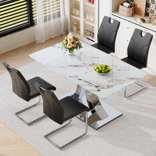 Bellemave  Marble patterned tempered glass dining chair set (gold decoration): 63 inch dining table+4 modern minimalist style dining chairs