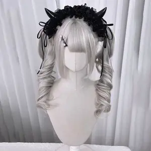 Silver-gray long curly hair with big waves, cute everyday Lolita full wig, pre-styled
