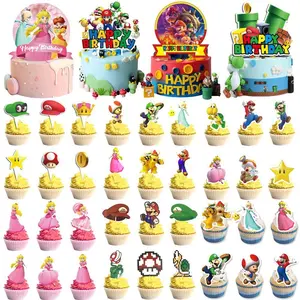 Super Bros Theme Birthday Party Decoration Marios Peach Princess Cake Topper Tableware Paper Cup Cake Decor Baby Shower Supplies