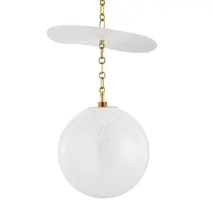 Antoinette Pendant Light With Cloud Glass Globe And Vintage Brass Shade Cap, Elegant Ceiling Decor