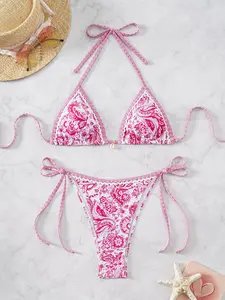 Women's 2 Piece Boho Swimsuits Floral Print Halter String Triangle Bikini Set Beach Bathing Suit for Pool & Beach Outings