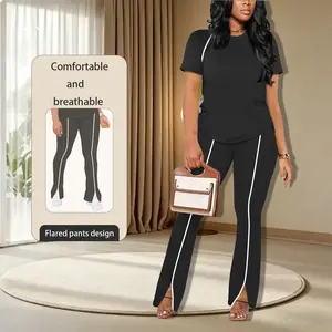 Women’s two-piece athletic set featuring a short-sleeve top paired with flared pants with a split hem; casual everyday wear with side stripe design, suitable for daily use and sports activities.