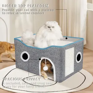 Cat Houses for Indoor Cats, Large Cat Beds and Furniture with Fluffy Ball and Scratch Pad, Foldable Cat Cave for Multi Small Pet Kitten Rabbit