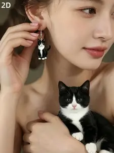 1. Cute black and white cat earrings with acrylic cartoon design, alloy ear hooks, no coating. Suitable for daily wear and as gifts. Suitable for all occasions. Excellent gifts for Valentine's Day, Christmas, Halloween, Thanksgiving, and New Year.