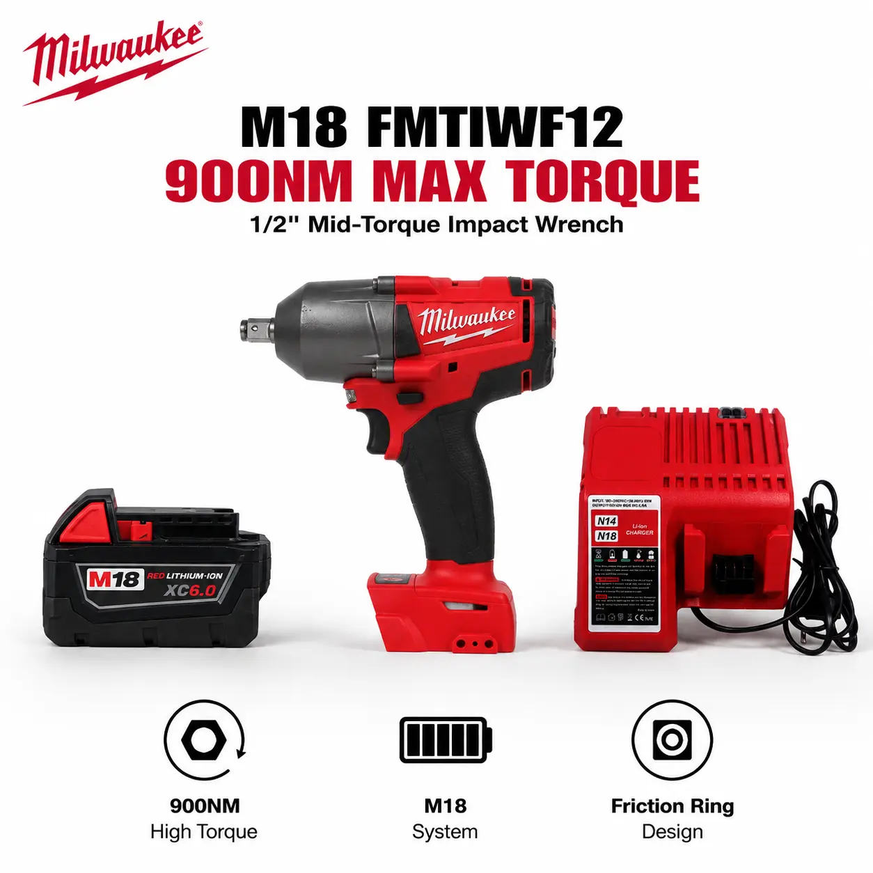 Milwaukee M18 FMTIWF12 18V Cordless 1/2 Inch Impact Wrench Kit for Industrial Equipment Maintenance, High Torque Fastening Tool Features 3 Speed Control Modes Designed for M22 Bolt Drive Tasks