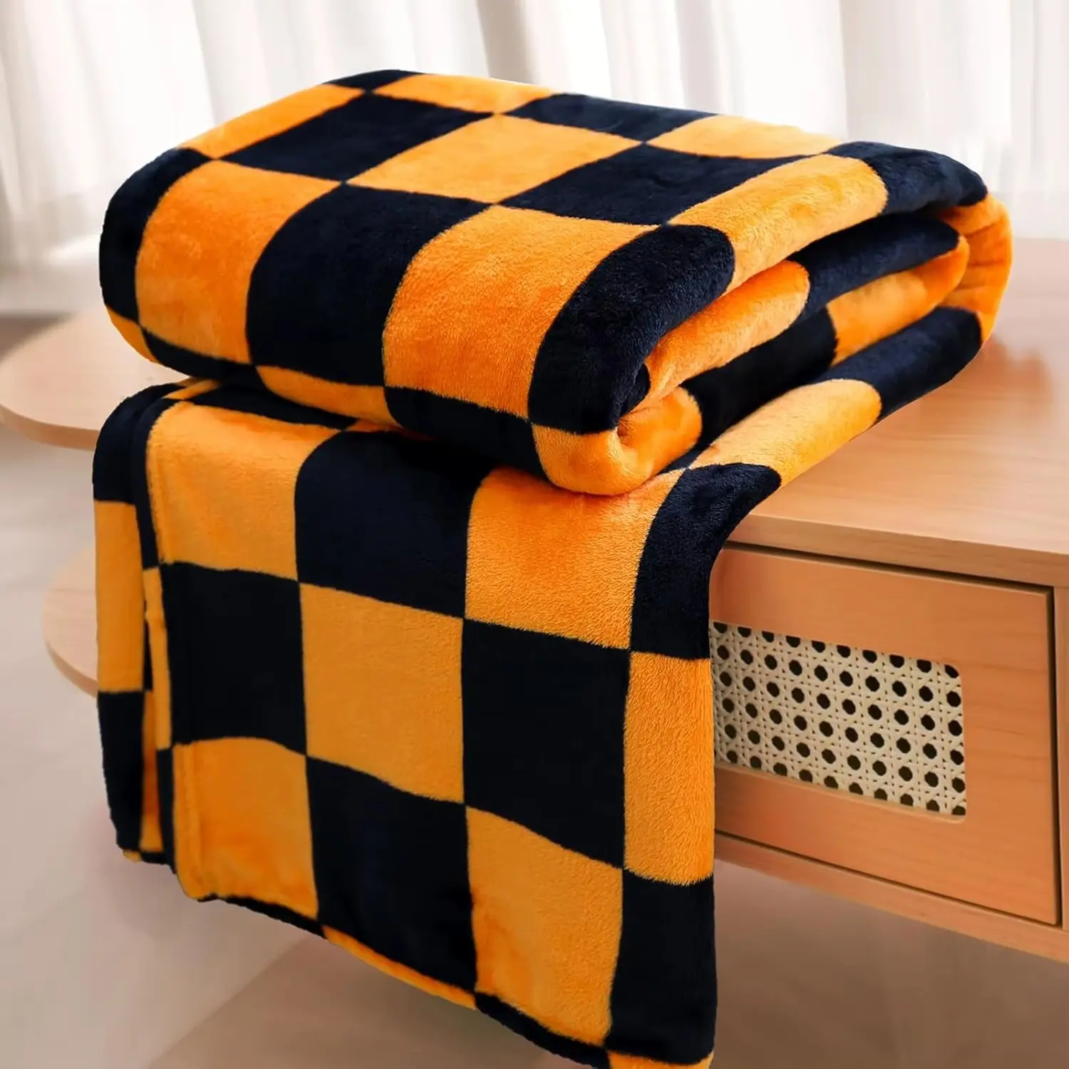 1PC Checkerboard Black and Orange Flannel Throw Blanket - Cozy, Warm for Couch, Bed, Sofa, Halloween Decor - All-Season Textile Soft Furnishing