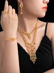 5 Piece Geometric Shape Infinity Scarf and Double Layer Necklace Set, 22k Plated Copper Jewelry, Arabian Indian Style Fashion Gift for Weddings and Parties, Jewellery Gift Set