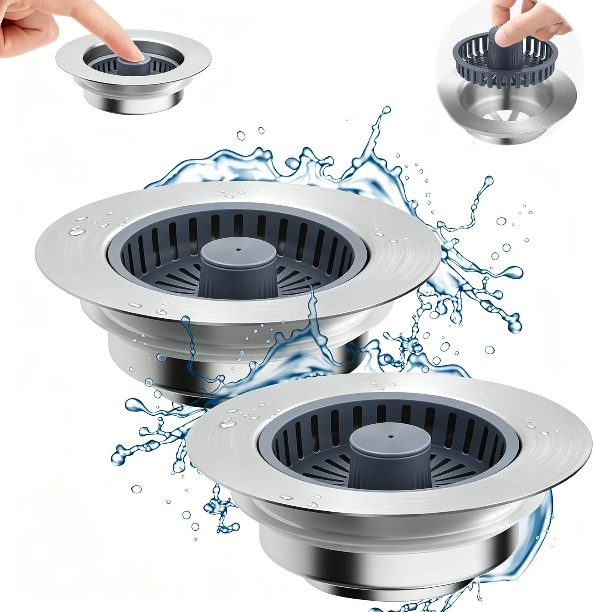 3-in-1 Pop-Up Sink Drain Strainer,Stainless Steel Bounce Filter Stopper for Kitchen Sinks, Anti-Clog Design with Easy Push-On Operation Durable Leak-Proof Bathroom Organizing Accessories with Silicone Seal