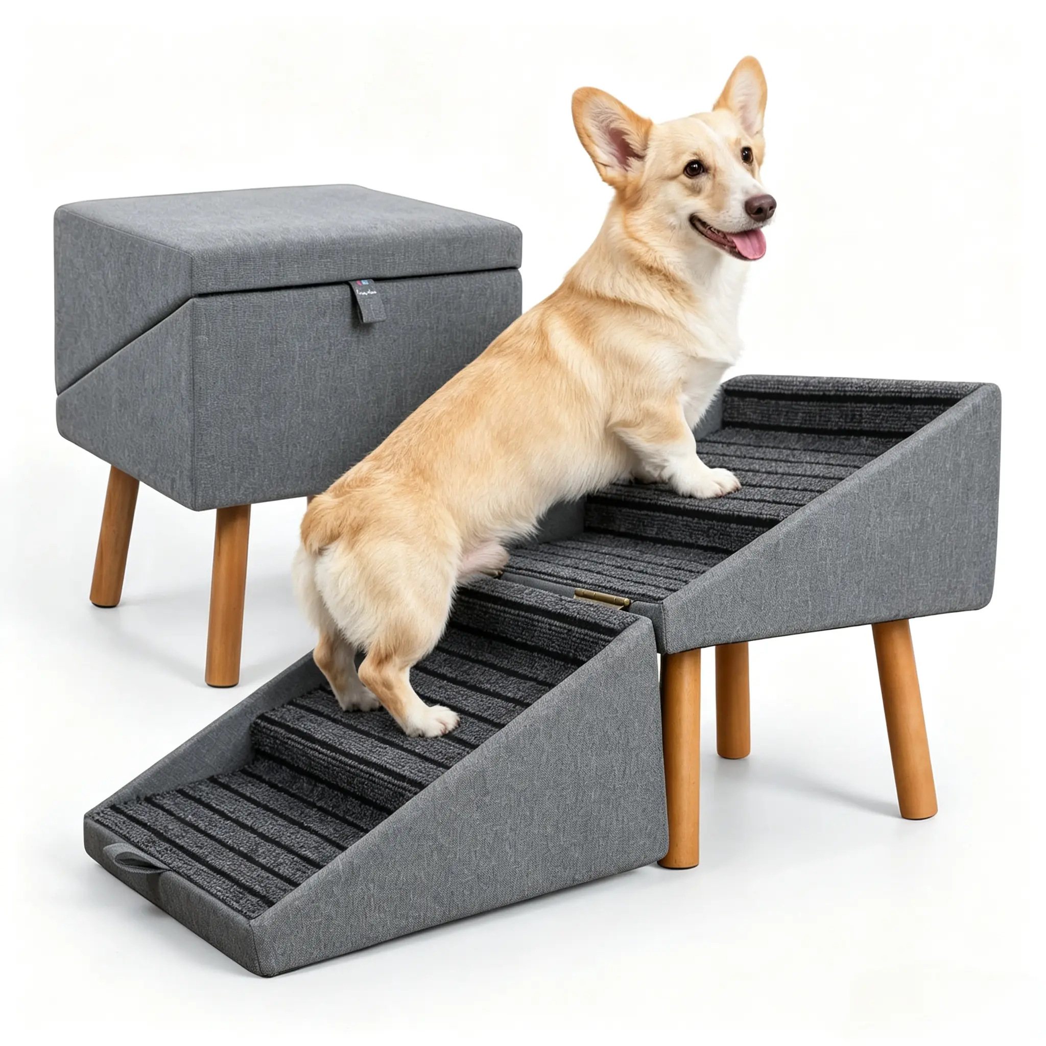 Luciphia 2-in-1 Wooden Pet Stairs & Ottoman 17" H Foldable Dog Ramp with Solid Wood Frame & Tech Cloth Surface Pet Footstool Steps with Non-Slip Surface for Puppy Senior Injured Dogs Couch Bed