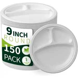 9 Inch 3 Compartment Paper Plates ?White 150 Pack?, Compostable Divided Plates,  Sugarcane Bagasse, Heavy Duty Disposable Plates for Lunch, Salad, BBQ, Picnic