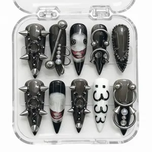 Cyber Goth Stiletto Press On Nails, Black Chrome Spike Piercing Manicure